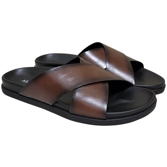 Alfani Men Whitter Cross Strap Slide Sandals Size US 10.5M Brown Faux Leather - Picture 1 of 4